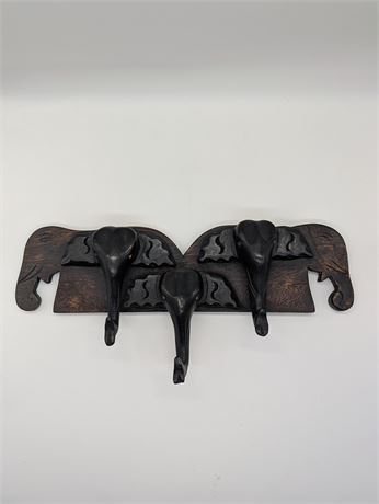 Hand Carved Wood 3 Black/Dark Brown Elephant Coat Hooks Decorative Hanging Rack