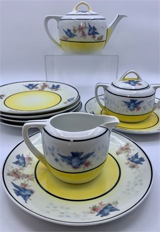 9 pc German Rudolstadt Bluebird Porcelain Tea Pot & Dishes Set