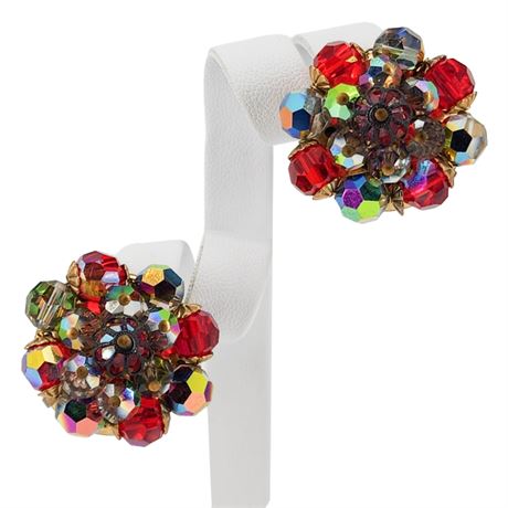 Vintage Red Aurora Borealis Crystal Bead Cluster Clip Earrings