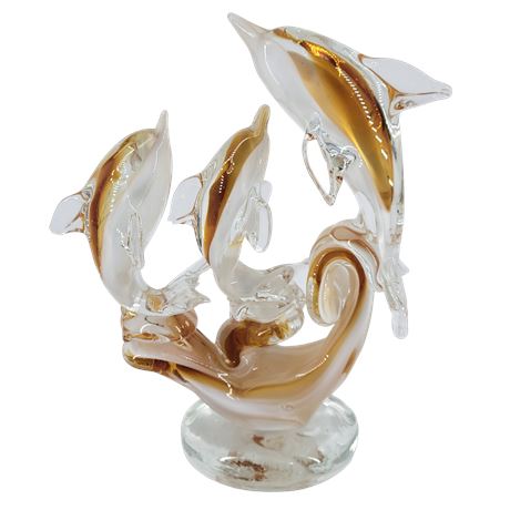 Murano Style Clear / Amber Glass Dolphin Sculpture