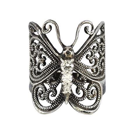 Sterling Silver Filigree CZ Butterfly Ring, Sz 8