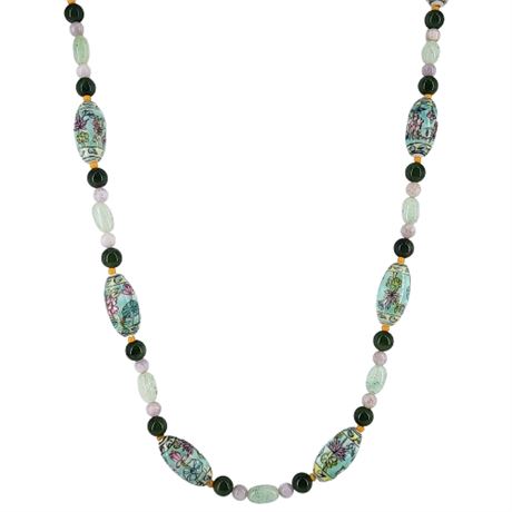 Vintage Hand Painted Porcelain, Jade & Aventurine Beaded Necklace