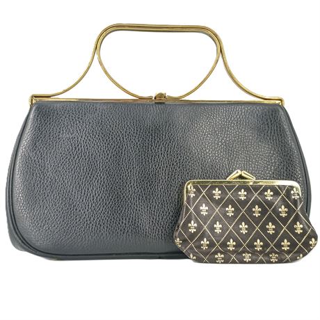 Vintage Bonwit Teller Leather Handbag with Gold-Tone Frame – Includes Coin Purse