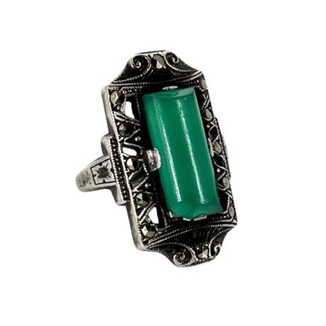 Sterling & Marcasite Ring with Green Chrysoprase Stone