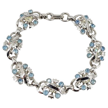 Vintage Prong Set Ice Blue Rhinestone Flower Links Bracelet
