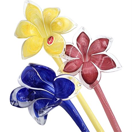 Three Murano Art Glass Long Stem Flowers, Various Colors
