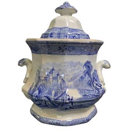 Victorian Ironstone Blue Transferware Lidded Sugar Bowl