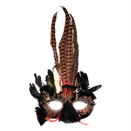 Venetian Style Feather Masquerade Mask, Iridescent/Pheasant