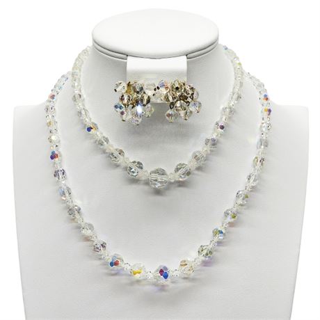 Vintage Aurora Borealis Crystal Beaded Necklaces & Clip Earrings