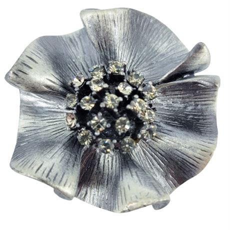 Vintage Silver Tone and Rhinestone Floral Brooch