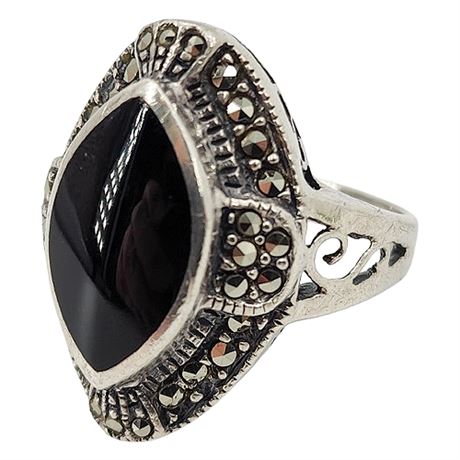 Vtg CHAPAL-ZENRAY Sterling Silver Black Onyx & Marcasite Ring, Sz 7, Flawed