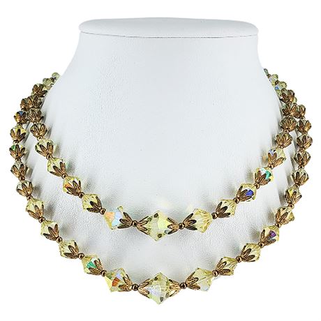 Vintage 2-Strand Faceted Yellow Aurora Borealis Crystal Bead Necklace