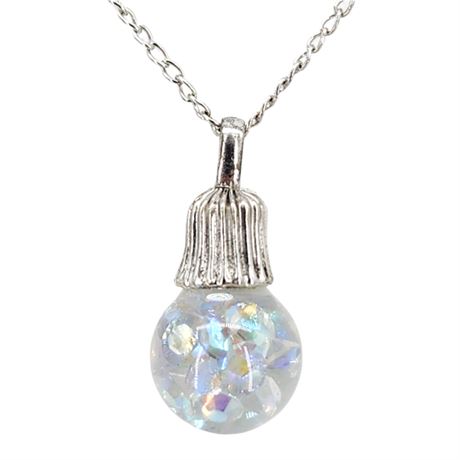 Vtg Sterling Silver Aurora Borealis Rhinestone Snow Globe Pendant Necklace