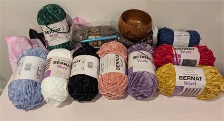 Lot New Yarn + Wood Yarn Bowl + New Wool Yarn