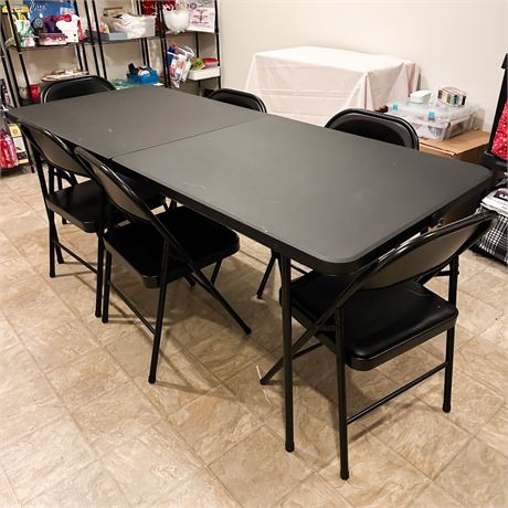 Cosco 6 Ft Black Folding Table with 6 Steel Chairs