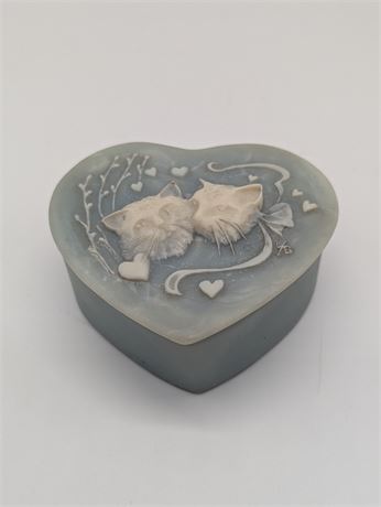 Incolay USA Made Stone Heart Cat Trinket Box Blue