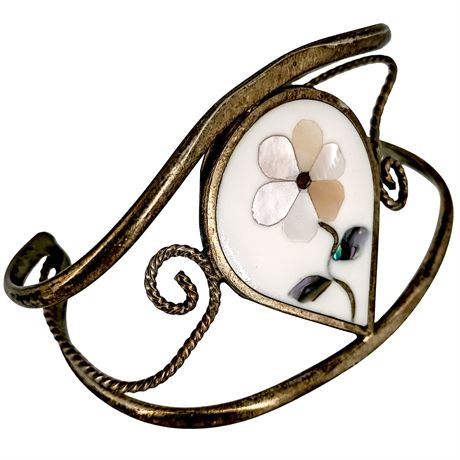 Vintage Mother-of-Pearl Inlay Cuff Bracelet – Floral Design