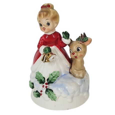 Vintage Josef Originals Christmas Girl with Rudolph Deer Music Box