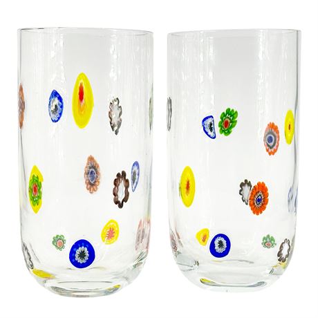 Pair of Italian Millefiori Hand-Blown Art Glass Tumblers