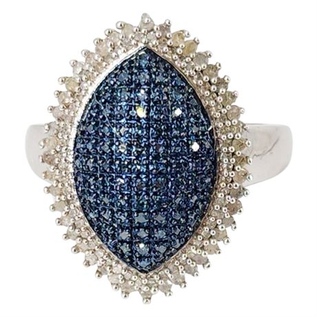 Signed SJ Sterling Silver Blue & White Diamonds Ring, Sz 9