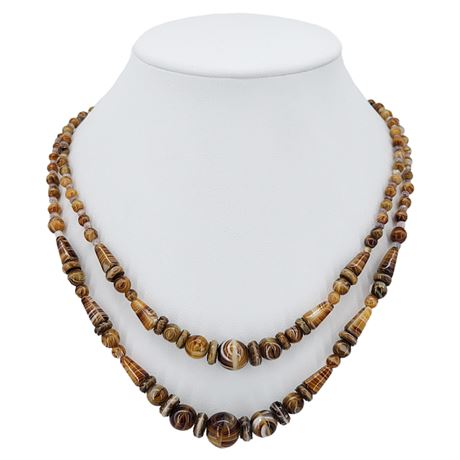 Vtg 2-Strand Brown Swirled Art Glass Beaded Necklace