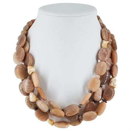 Signed Barse Sterling Silver Peach Moonstone Triple Strand Necklace