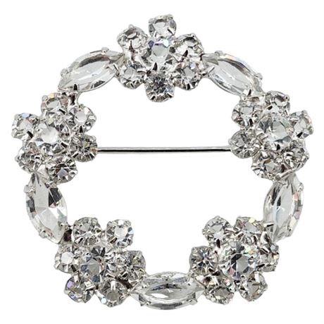 Vintage Open Back Prong Set Clear Rhinestone Floral Wreath Brooch