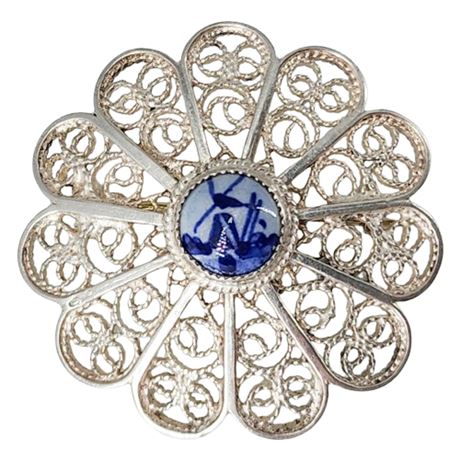 Vintage 835 Silver Filigree Delft Porcelain Brooch