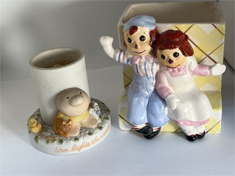Ragged Ann and Andy planter and Ziggy candle holder lot