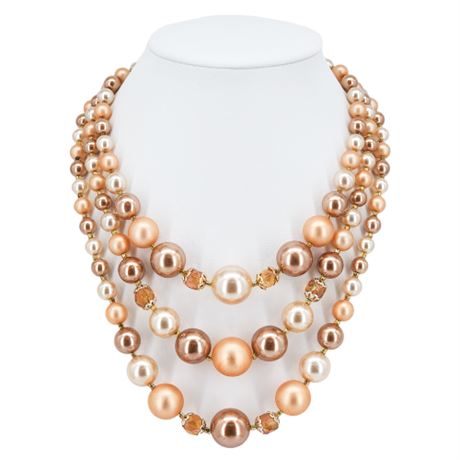 Vintage JAPAN 3-Strand Taupe/Peach Faux Pearl & AB Crystal Beaded Necklace