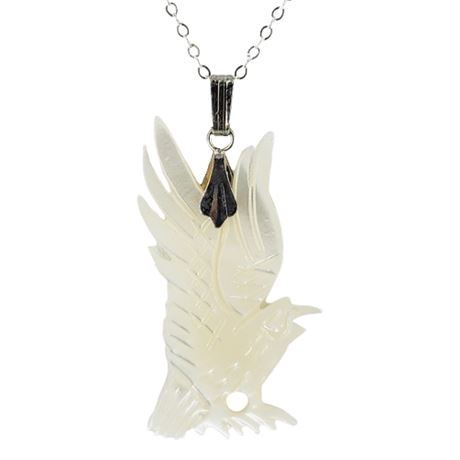 Hand Carved Mother of Pearl Eagle Pendant on Sterling Silver Chain