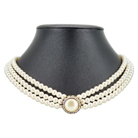 Vintage 3-Strand Faux Pearl Necklace w/ Rhinestone Halo Centerpiece
