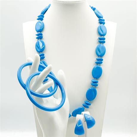 Vintage Blue Lucite Bracelet, Beaded Necklace & Earring Set