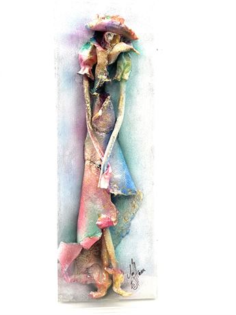 Ceramic & Fabric Mache Figure Mounted on Canvas in Acrylic Box 18" Tall