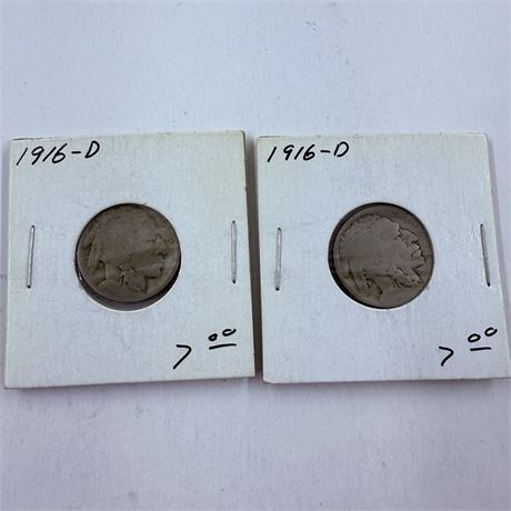 2x 1916-D Buffalo Nickels