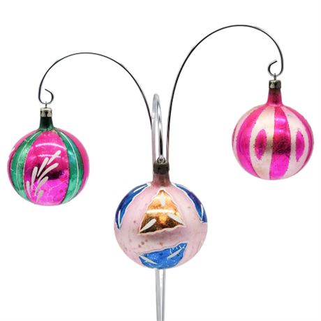 Vintage Poland Hand Painted Pink Christmas Bulb Ornaments