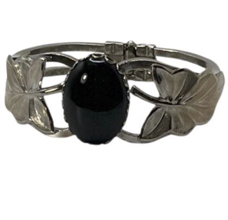 Butterfly & Stone Cabochon Silver Tone Bracelet