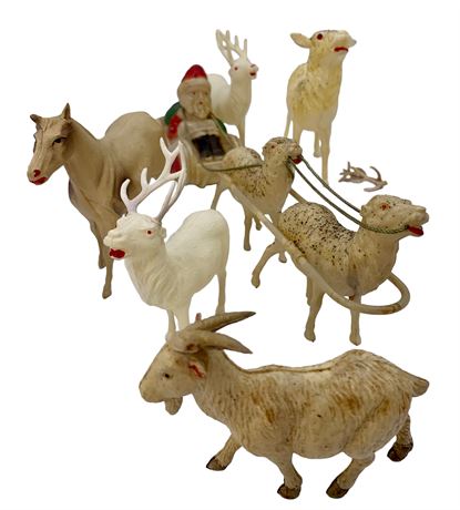 6 pc Vintage Celluloid Santa, Reindeer, Goat & Horse Vignette Decorations
