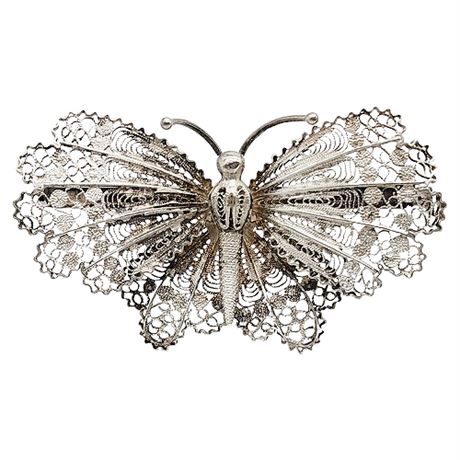 Vintage Italian 800 Silver Filigree 2.25" Butterfly Brooch