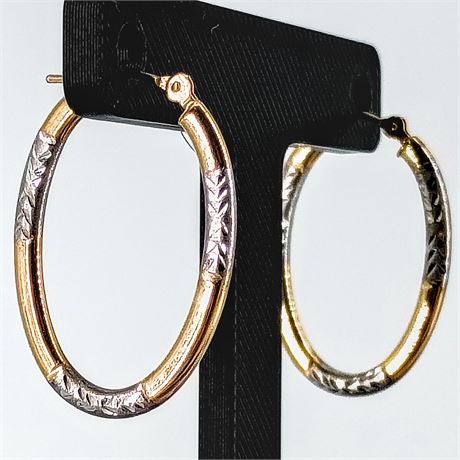 Two-Tone Textured Hoop Earrings – Gold & Silver-Tone – Etched Geometric Pattern