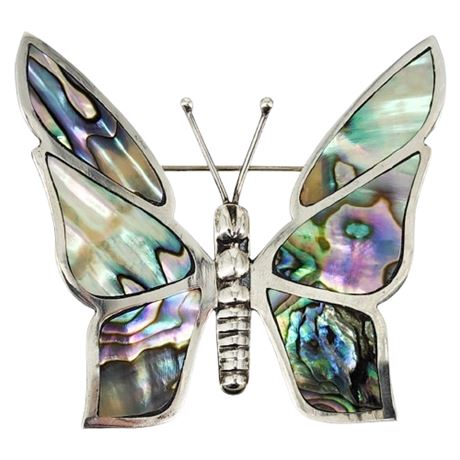 Signed Vintage TAXCO Sterling Silver Abalone Butterfly Brooch