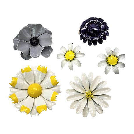 Vintage 60s Enamel Flower Brooches & Clip Earring Lot