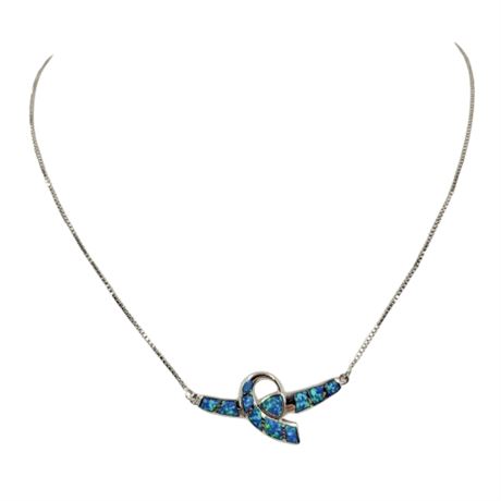 Silver Tone Lab Created Blue Opal Necklace