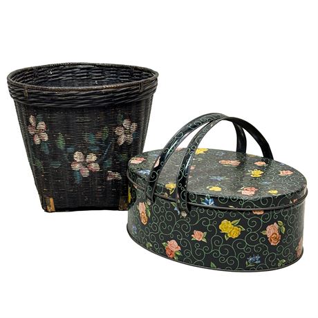Floral Decorative Vintage Tin and Wicker Basket