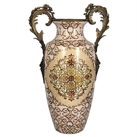 24 Inch Brass Handled Chinoiserie Floral Porcelain Floor Vase