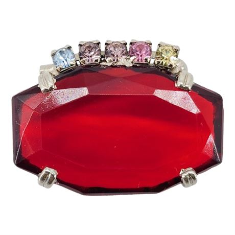 Vintage Large Red Open Back Rhinestone Brooch w/ Pastel Accents