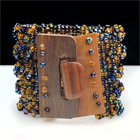 Wide Woven Boho Glass Seed Bead Bracelet with Carved Wood Clasp