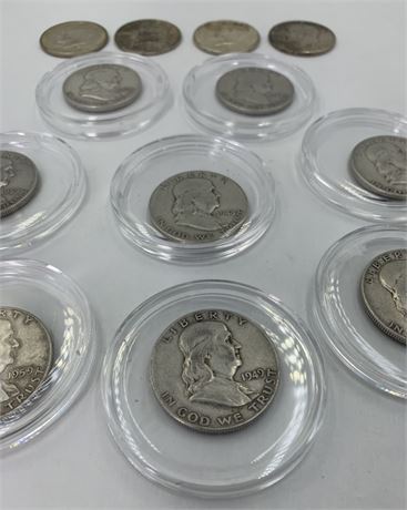 12 pc 90% Silver Ben Franklin & Kennedy Half Dollar Coin Lot