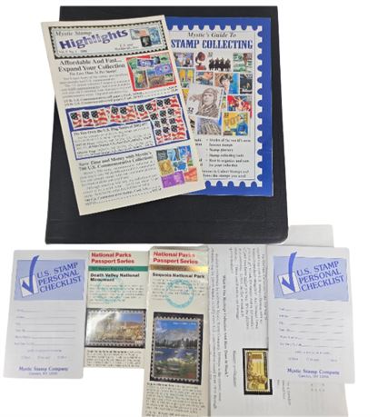 VTG Stamp Binder with Mystic Stamps Catalogue & Stamps
