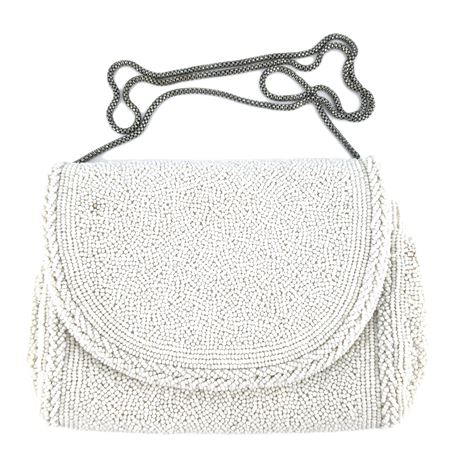 Vintage Walborg White Beaded Evening Purse – Hand Made in Hong Kong, Metal Chain